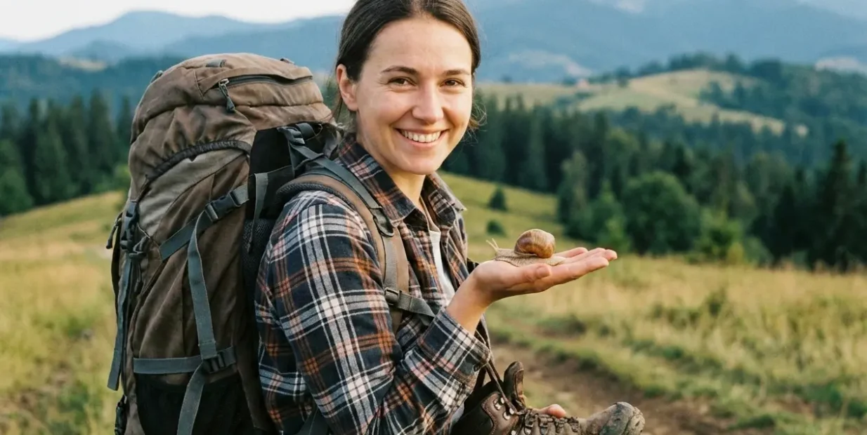 Slow travel news image of a backpacker on a mountain trail holding a small snail in her hand.