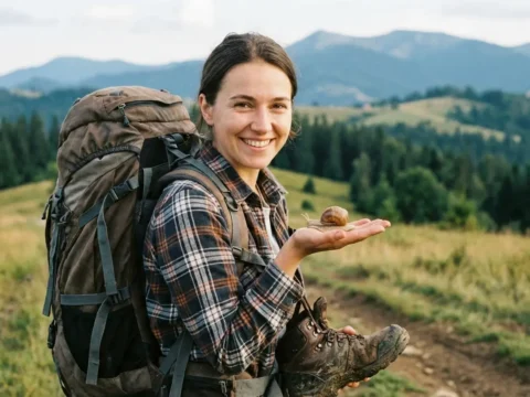 Slow travel news image of a backpacker on a mountain trail holding a small snail in her hand.
