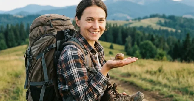 Slow travel news image of a backpacker on a mountain trail holding a small snail in her hand.