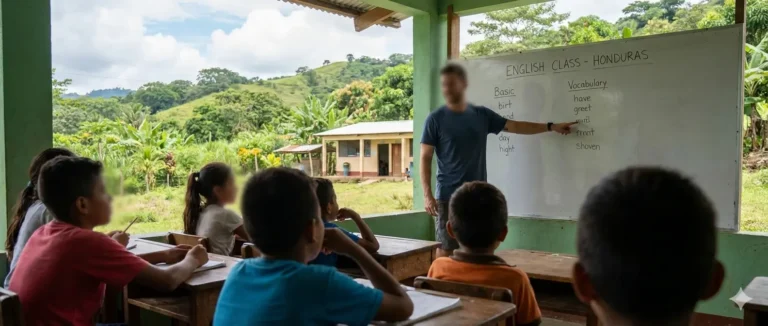 Teach English in Honduras volunteer classroom with children, teacher at whiteboard in rural school.