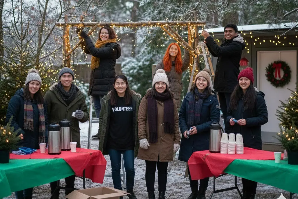 Group of young volunteers setting up an outdoor Christmas community event with hot drinks and festive lights in winter.