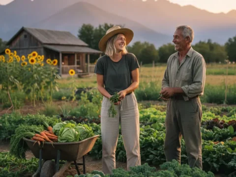 Two work exchange volunteers harvesting vegetables on a small organic farm at sunset, ideal image for a Workaway vs HelpX comparison article