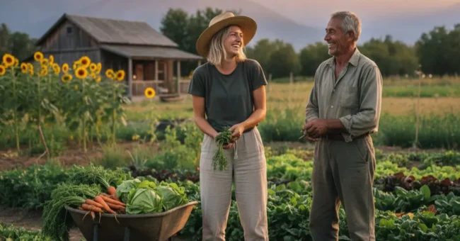 Two work exchange volunteers harvesting vegetables on a small organic farm at sunset, ideal image for a Workaway vs HelpX comparison article