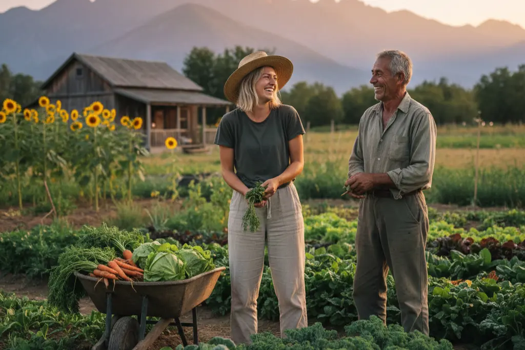 Two work exchange volunteers harvesting vegetables on a small organic farm at sunset, ideal image for a Workaway vs HelpX comparison article