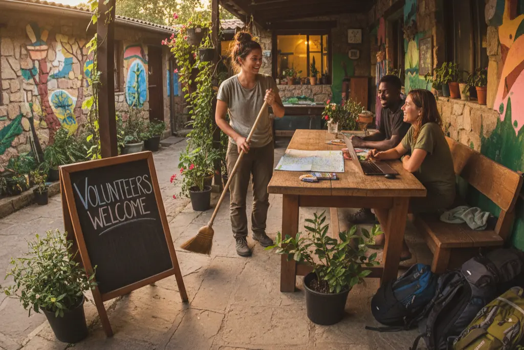 Backpackers volunteer in a colorful hostel courtyard, representing work exchange opportunities similar to Workaway and Worldpackers.