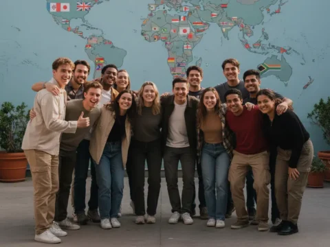 Group of international young volunteers smiling together in front of a world map, representing questions about volunteering and permanent residency abroad