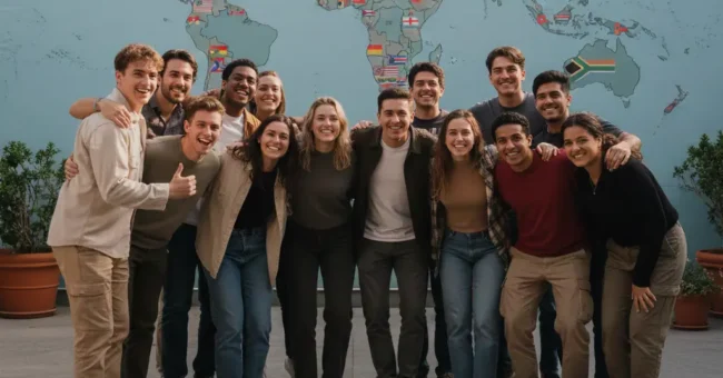 Group of international young volunteers smiling together in front of a world map, representing questions about volunteering and permanent residency abroad