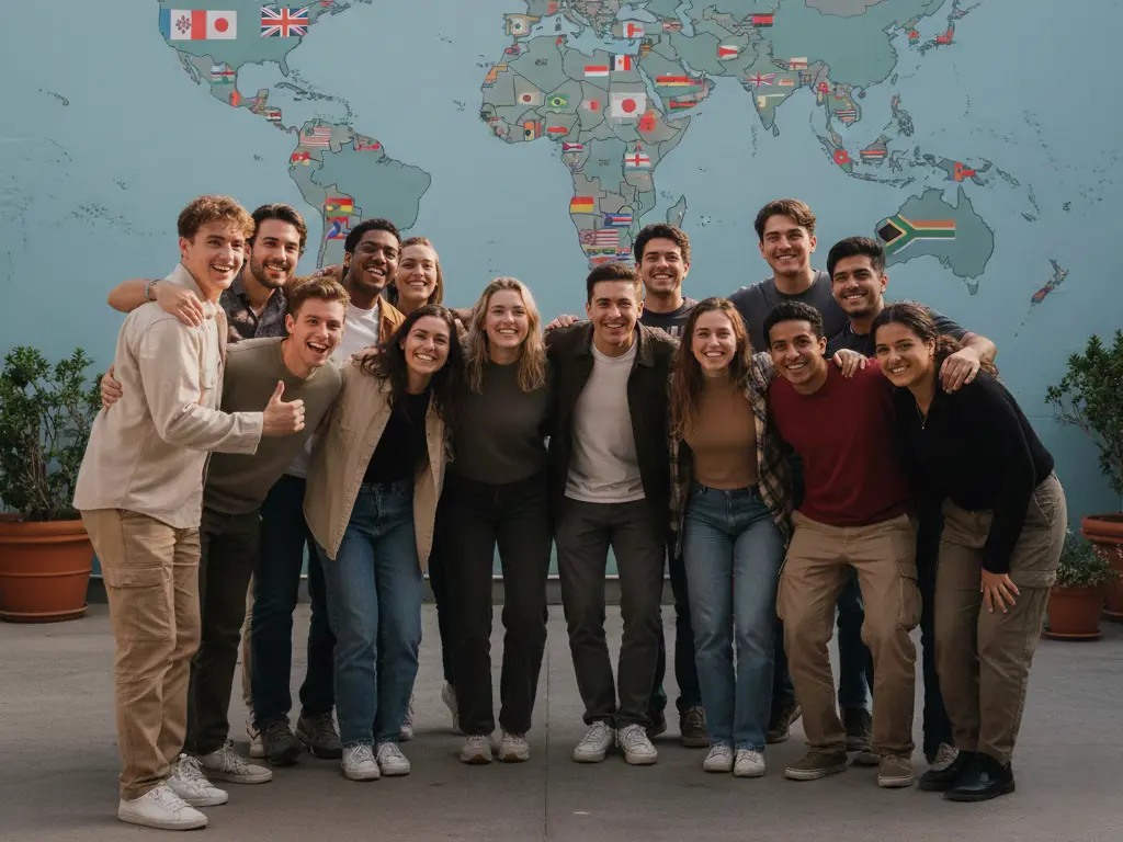 Group of international young volunteers smiling together in front of a world map, representing questions about volunteering and permanent residency abroad