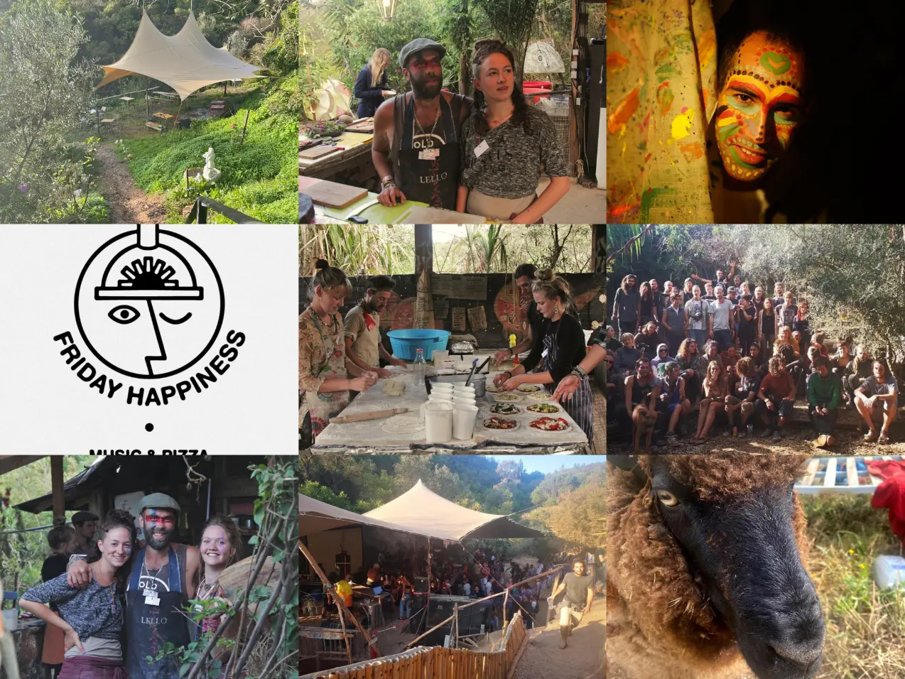 Collage showing the Fridayhappiness project in Algarve, with community spaces, people, outdoor activities, a group photo, a sheep and the Friday Happiness logo.