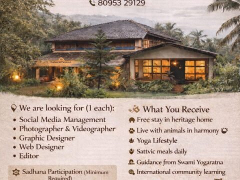 Seva-Sadhana inner exchange program poster for Shankar Prasad Ashram in Gokarna, offering a free stay, yoga and sattvic meals while seeking creatives for social media, photo/video, design, web and editing.