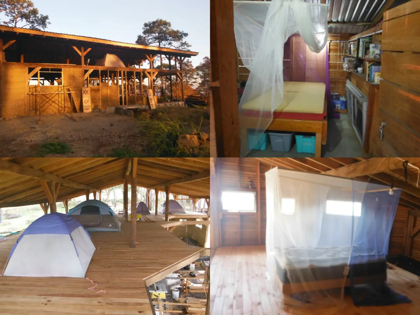 Eco village accommodation at Roca de Hadas, South Jalisco: tents under a roof and simple rooms with mosquito nets.