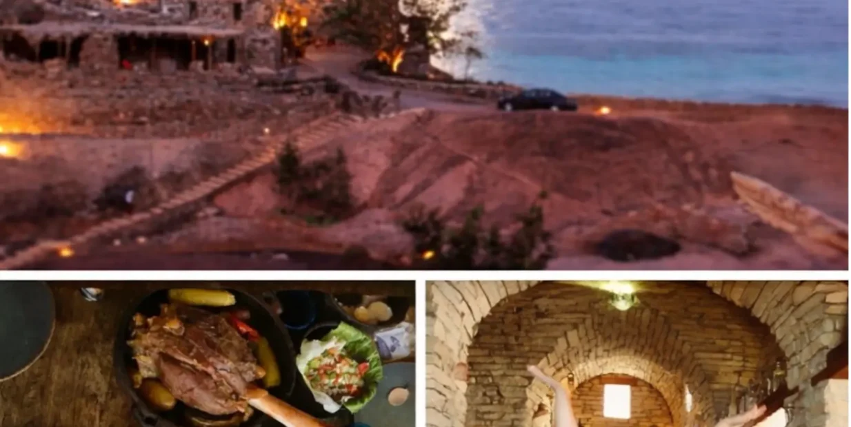 Castle Zaman stone buildings on a private Red Sea beach in South Sinai, Egypt. Slow food dinner table Seasonal team photo inside stone-arched dining room