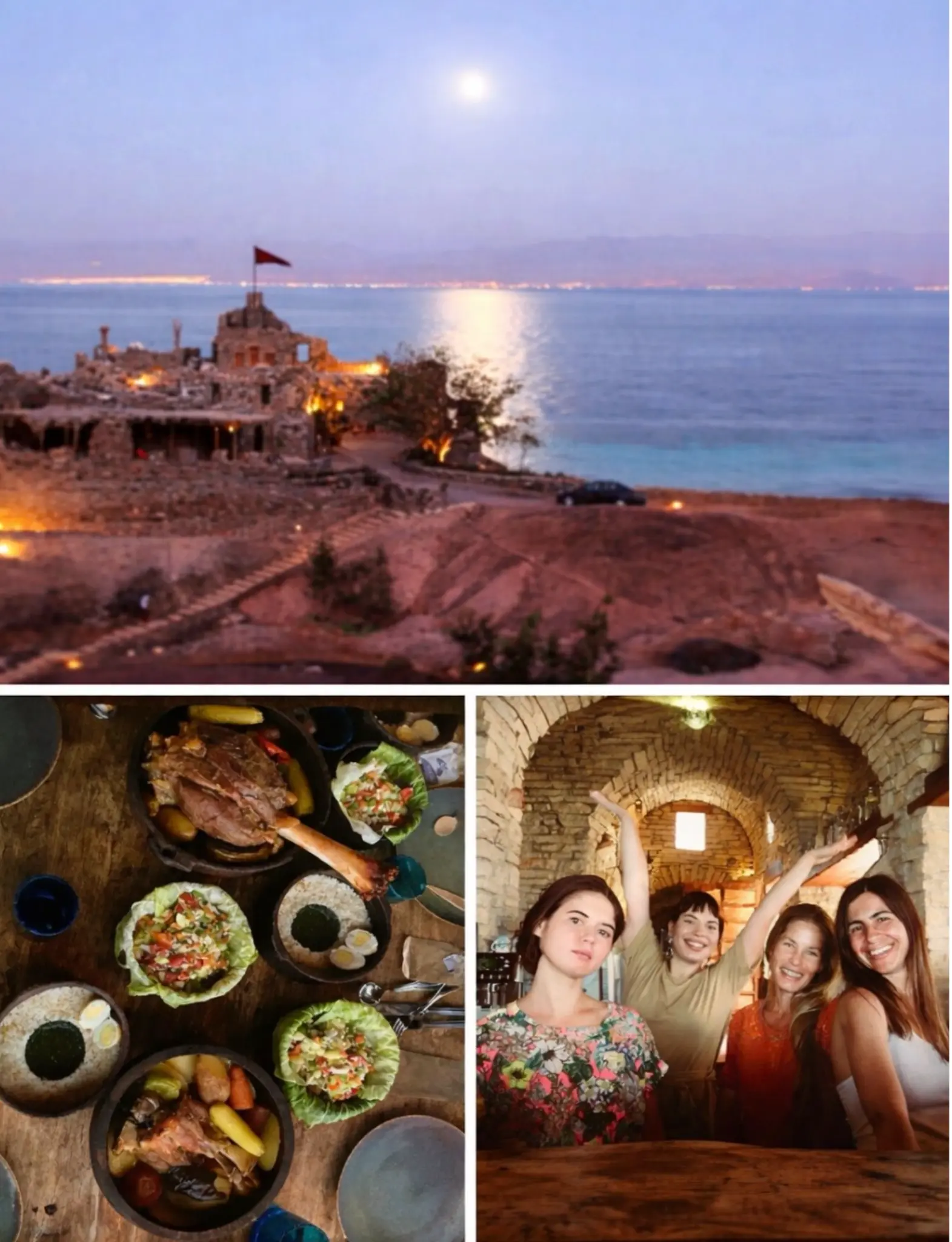 Castle Zaman stone buildings on a private Red Sea beach in South Sinai, Egypt. Slow food dinner table Seasonal team photo inside stone-arched dining room