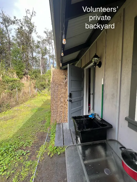 Private backyard area for volunteers at Hawaii women work exchange in Volcano, showing outdoor sink, small porch and lush rainforest surroundings.