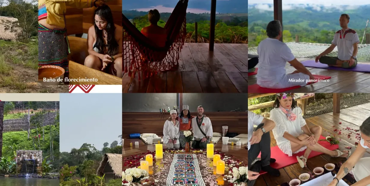 Sachakuna retreat in the Peruvian Amazon, volunteers, nature views, wellness sessions, and community activities.