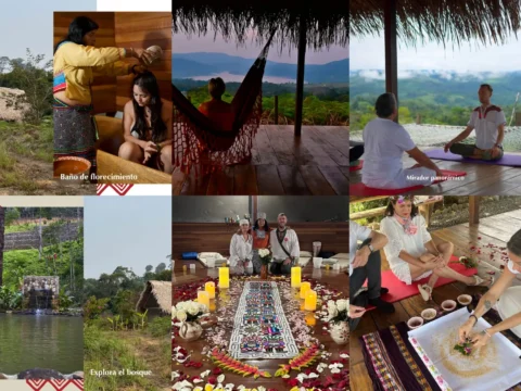 Sachakuna retreat in the Peruvian Amazon, volunteers, nature views, wellness sessions, and community activities.