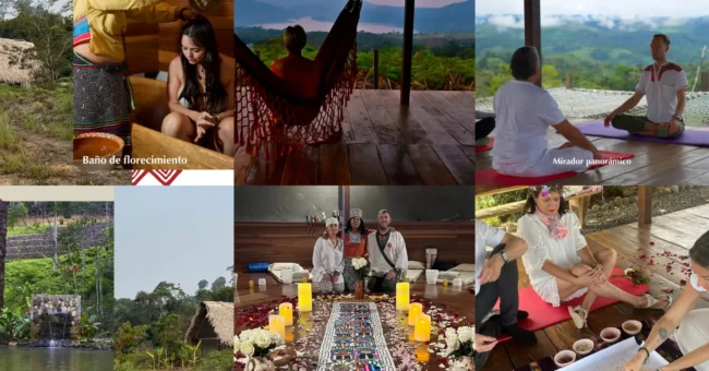 Sachakuna retreat in the Peruvian Amazon, volunteers, nature views, wellness sessions, and community activities.