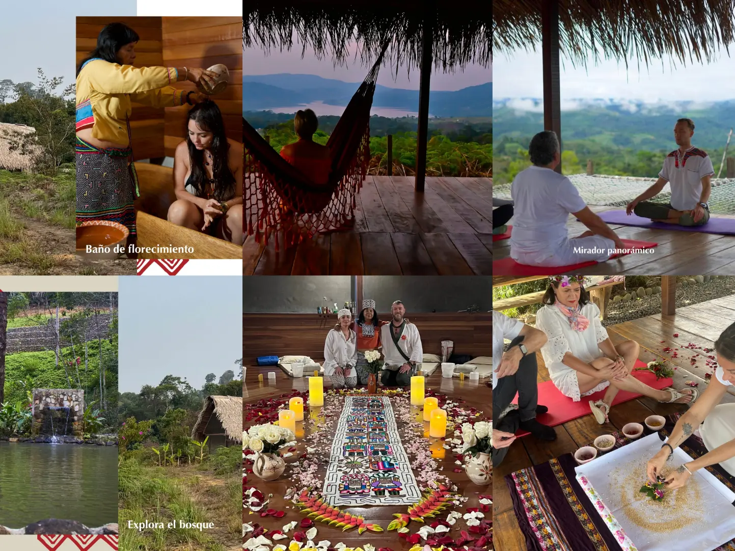 Sachakuna retreat in the Peruvian Amazon, volunteers, nature views, wellness sessions, and community activities.