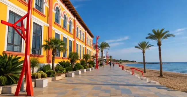 Seafront promenade and beach in Vinaros, Castellon, Spain, with palm trees and colourful waterfront buildings on a sunny day.