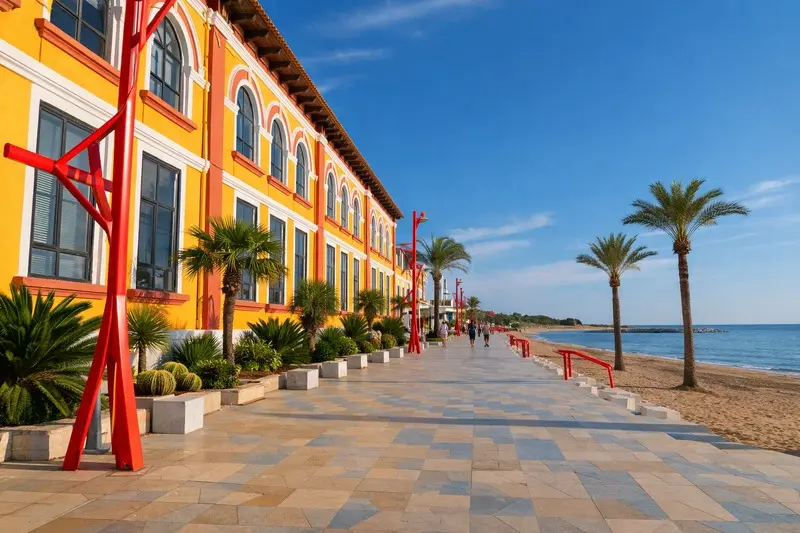 Seafront promenade and beach in Vinaros, Castellon, Spain, with palm trees and colourful waterfront buildings on a sunny day.