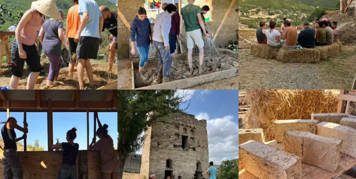 Collage of volunteers in Georgia mixing earth and straw, building with natural materials, shaping adobe bricks, and gathering outdoors near a stone tower in the hills around Nichbisi.