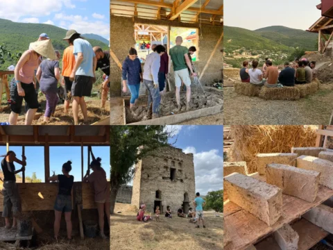 Collage of volunteers in Georgia mixing earth and straw, building with natural materials, shaping adobe bricks, and gathering outdoors near a stone tower in the hills around Nichbisi.