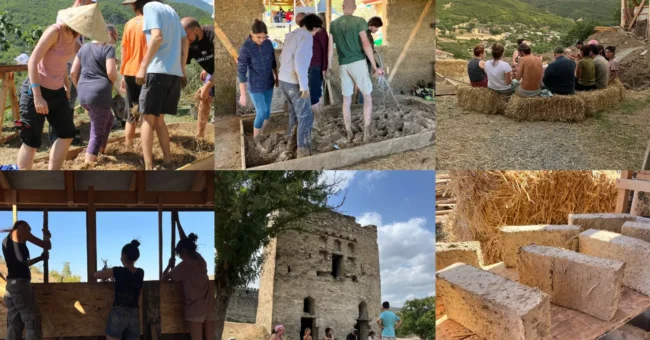 Collage of volunteers in Georgia mixing earth and straw, building with natural materials, shaping adobe bricks, and gathering outdoors near a stone tower in the hills around Nichbisi.