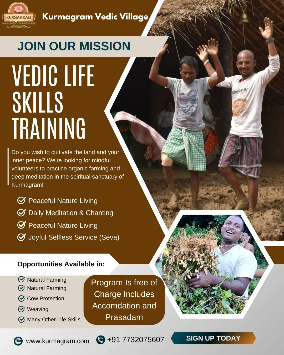 Kurmagram Vedic Village volunteers learning organic farming and simple living in rural Andhra Pradesh, India.