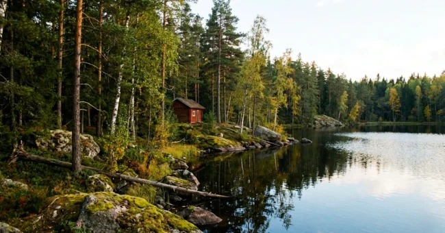 Small red cabin by a calm lake, surrounded by pine and birch forest in rural Sweden, with mossy rocks along the shore.