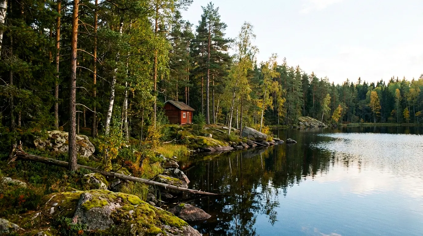 Small red cabin by a calm lake, surrounded by pine and birch forest in rural Sweden, with mossy rocks along the shore.