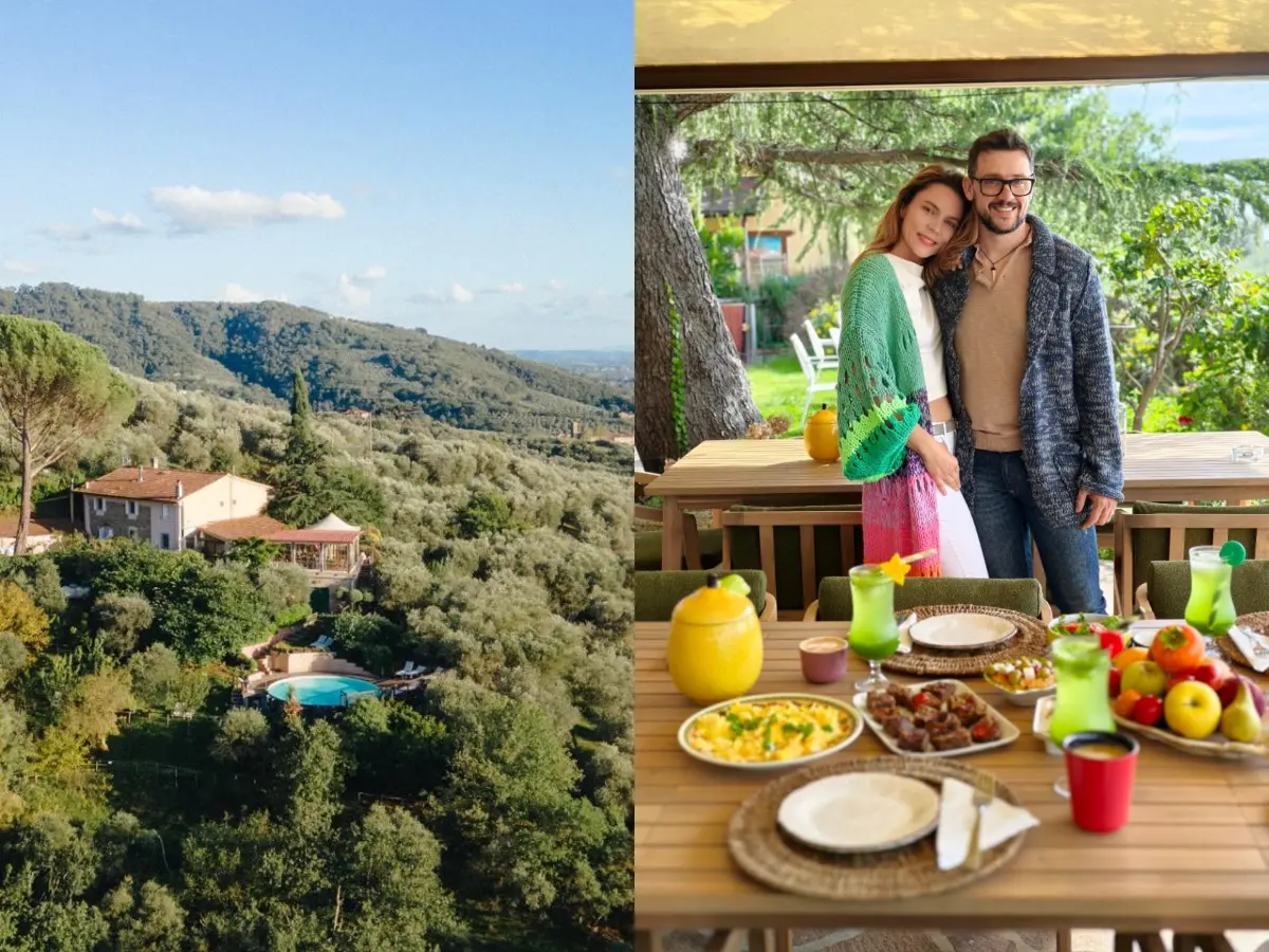 Aura Toscana retreat in the Tuscan hills with pool and olive groves, plus hosts by an outdoor table with food.