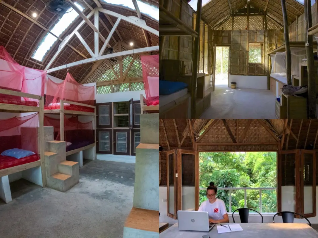 Shared volunteer accommodation and indoor common space at Marine Conservation Philippines in Negros Oriental, including bunk beds, mosquito nets, and a study area with forest views