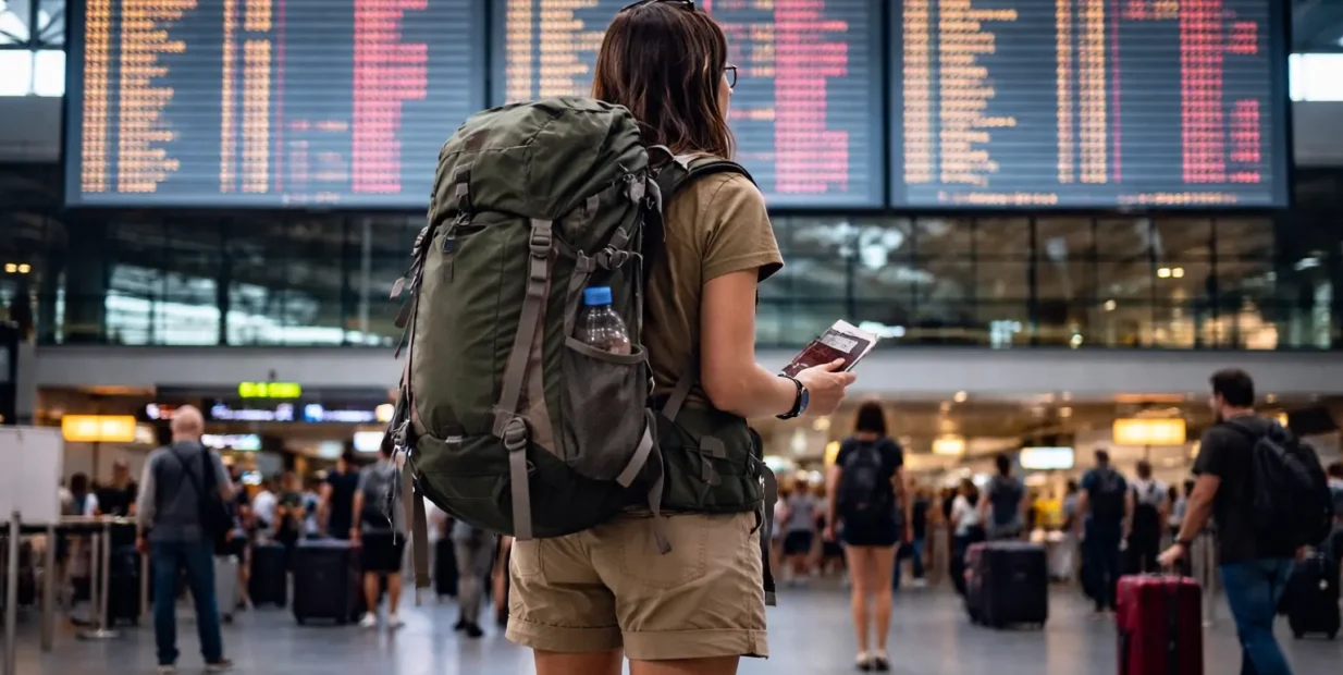 Solo female backpacker checking a large airport departures board during travel disruption representing travel safety in conflict zones