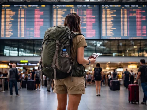 Solo female backpacker checking a large airport departures board during travel disruption representing travel safety in conflict zones