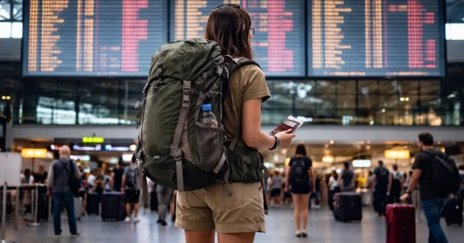 Solo female backpacker checking a large airport departures board during travel disruption representing travel safety in conflict zones