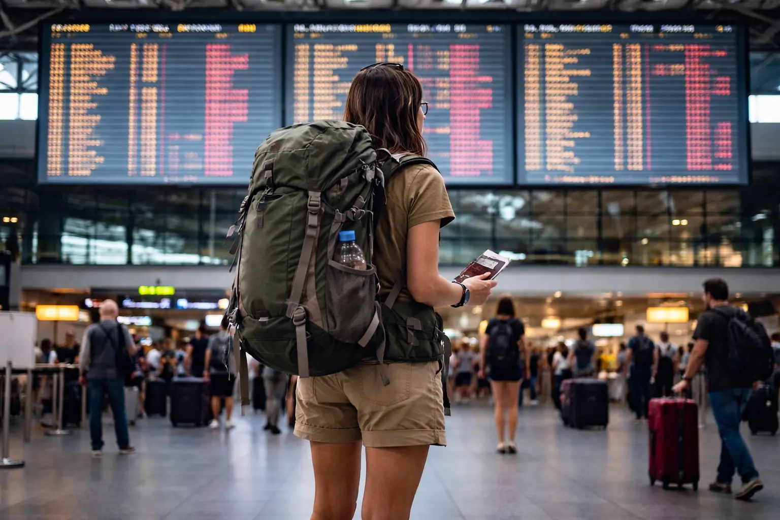 Solo female backpacker checking a large airport departures board during travel disruption representing travel safety in conflict zones