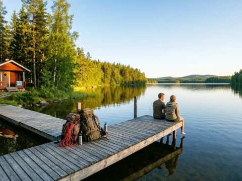 Two travelers sit on a wooden dock beside a lakeside cabin in Finnish Lakeland, surrounded by forest and calm water, illustrating the Finland free trip 2026 challenge.