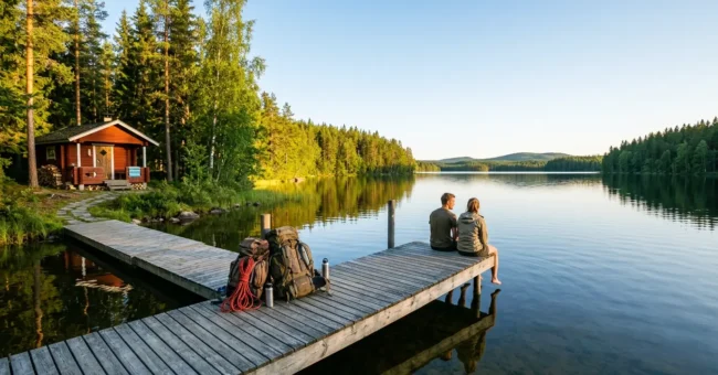 Two travelers sit on a wooden dock beside a lakeside cabin in Finnish Lakeland, surrounded by forest and calm water, illustrating the Finland free trip 2026 challenge.