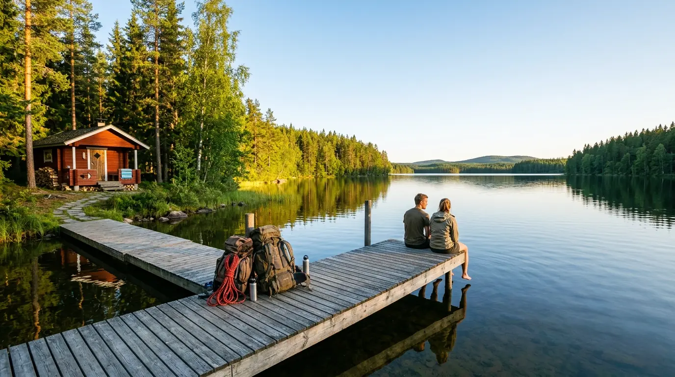 Two travelers sit on a wooden dock beside a lakeside cabin in Finnish Lakeland, surrounded by forest and calm water, illustrating the Finland free trip 2026 challenge.