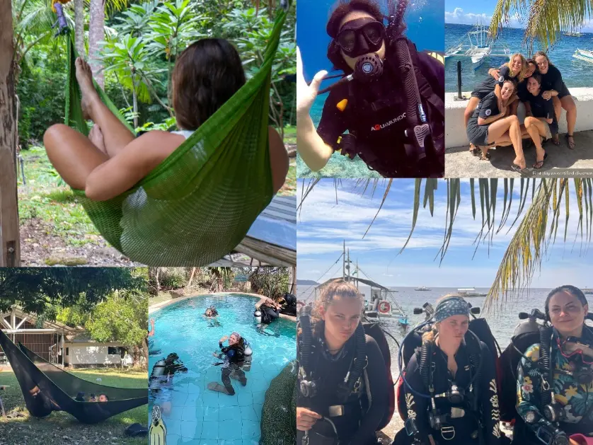 Photo collage showing Marine Conservation Philippines volunteers scuba diving, walking on the beach, joining community activities, and working together in Negros Oriental
