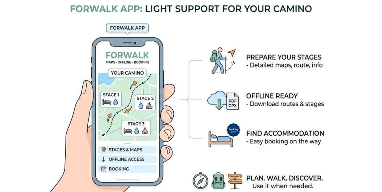 Forwalk app infographic for the Camino showing stage planning, offline access with Portable Document Format (PDF) and GPS Exchange Format (GPX) downloads, and accommodation booking.