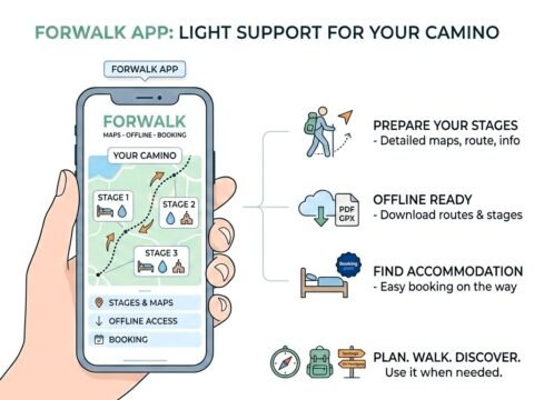 Forwalk app infographic for the Camino showing stage planning, offline access with Portable Document Format (PDF) and GPS Exchange Format (GPX) downloads, and accommodation booking.