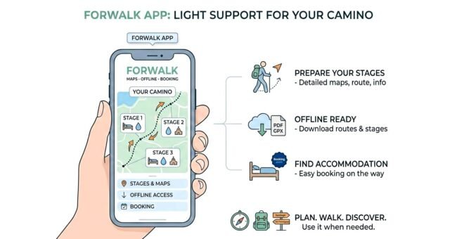 Forwalk app infographic for the Camino showing stage planning, offline access with Portable Document Format (PDF) and GPS Exchange Format (GPX) downloads, and accommodation booking.