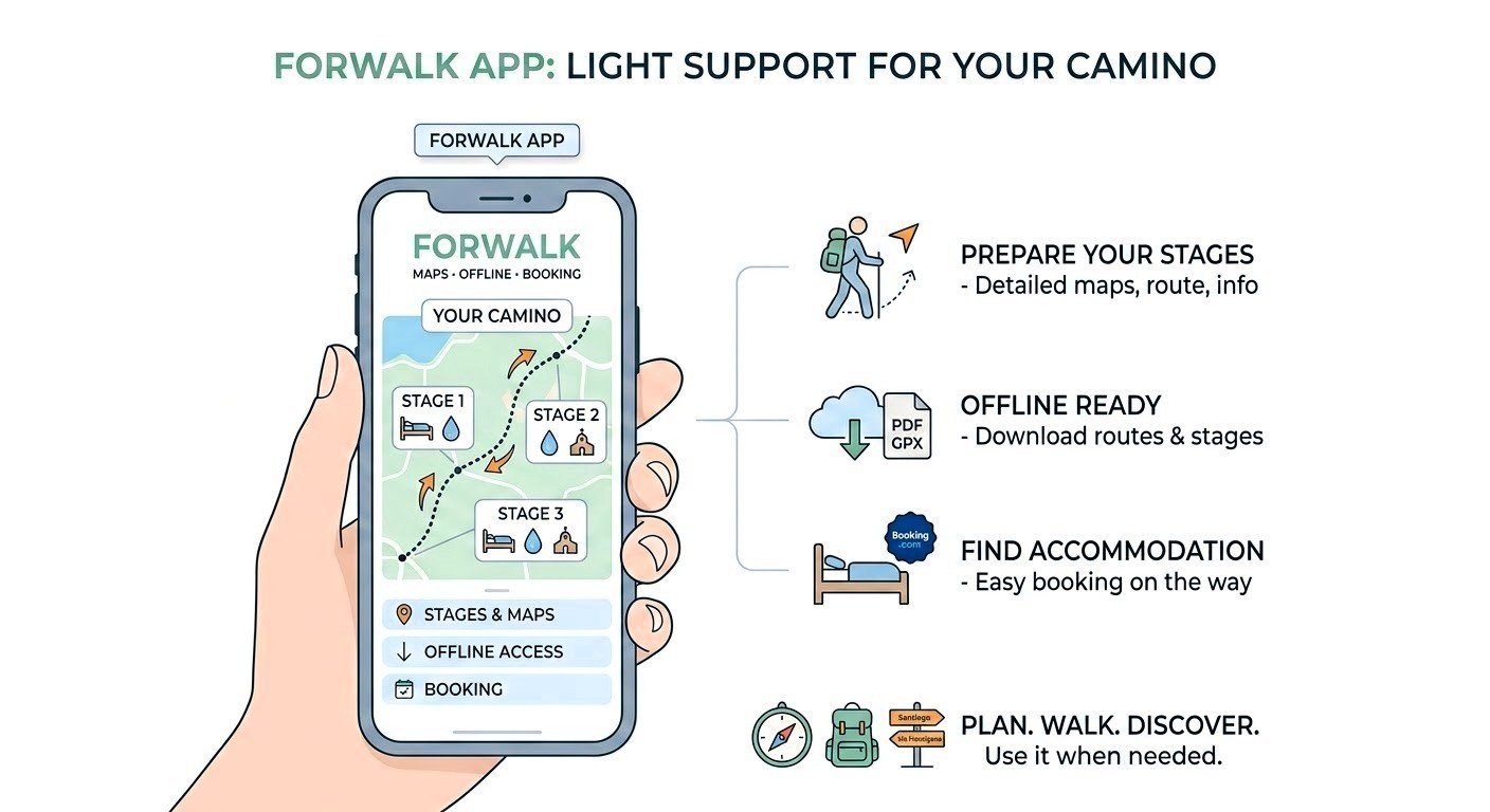 Forwalk app infographic for the Camino showing stage planning, offline access with Portable Document Format (PDF) and GPS Exchange Format (GPX) downloads, and accommodation booking.