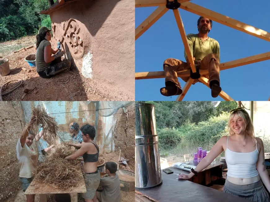 Collage from an off grid volunteer project in Alentejo, Portugal, showing natural building work with earth and straw, a wooden structure under construction, group hands-on building activity, and an outdoor kitchen area on a rural family farm.