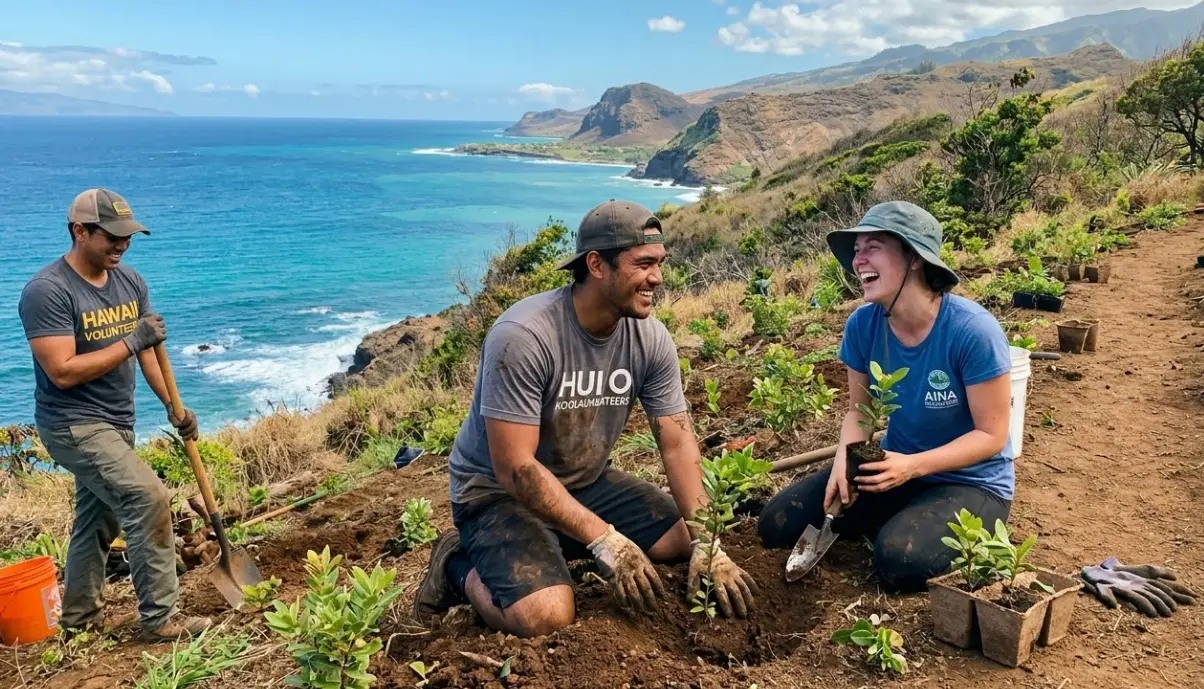 Volunteer opportunities in Hawaii: three volunteers planting native shrubs on a coastal hillside with ocean and mountains in the background.