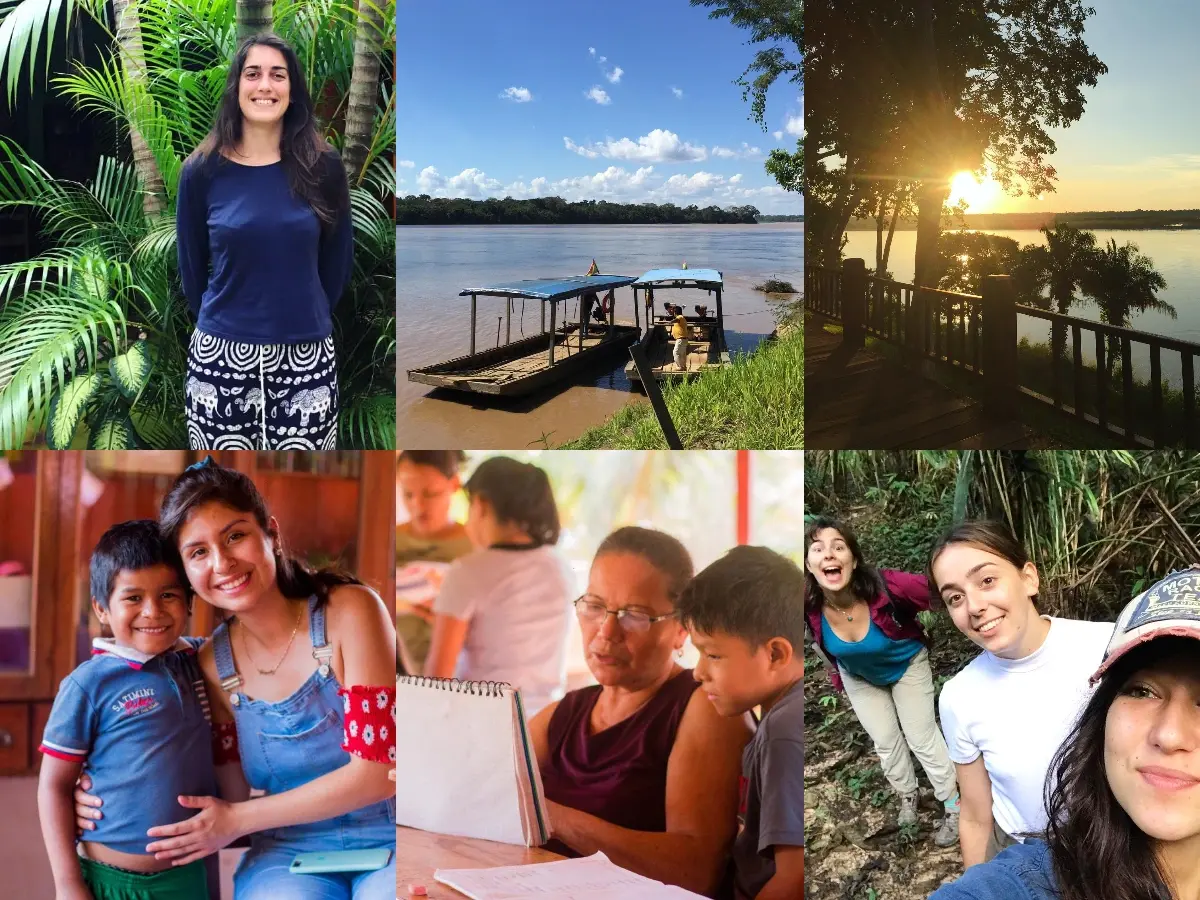 Photo collage of volunteer life with Sustainable Bolivia in the Bolivian Amazon, showing volunteers, river transport, jungle views, community learning, and outdoor activities at Aquicuana Reserve near Riberalta, Bolivia.