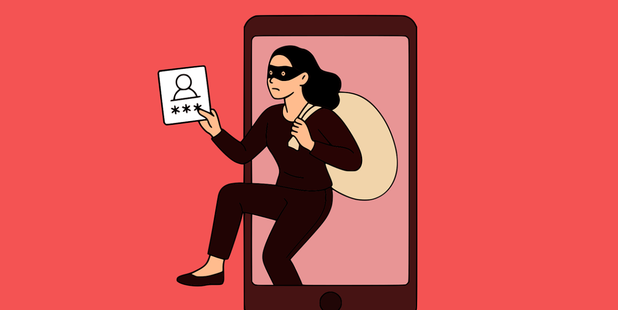 Illustration of a masked scammer emerging from a smartphone while holding a password or identity card, representing phishing, identity theft, and fake funding email scams targeting nonprofits, volunteer projects, and community organisations.
