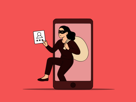 Illustration of a masked scammer emerging from a smartphone while holding a password or identity card, representing phishing, identity theft, and fake funding email scams targeting nonprofits, volunteer projects, and community organisations.