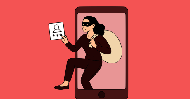 Illustration of a masked scammer emerging from a smartphone while holding a password or identity card, representing phishing, identity theft, and fake funding email scams targeting nonprofits, volunteer projects, and community organisations.